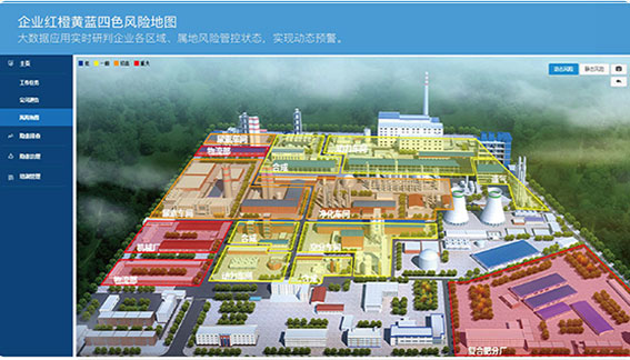 企業(yè)風(fēng)險(xiǎn)分級(jí)四色分布圖，動(dòng)態(tài)展現(xiàn)風(fēng)險(xiǎn)管控結(jié)果，安全隱患實(shí)時(shí)提醒，風(fēng)險(xiǎn)管控狀況及時(shí)預(yù)警。